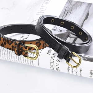 Slim leopard print and black leather belt set with vintage brass buckle for women