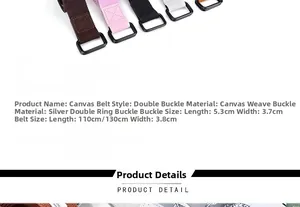 Detail view of canvas web belt options with double ring buckles and dimensions