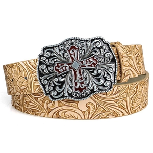 Close-up of vintage brown leather belt with floral embossing and red cross metal buckle