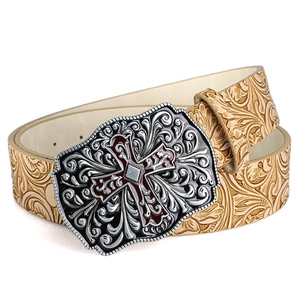 Vintage western leather belt with embossed patterns and large red cross buckle decoration