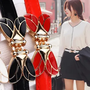 Women Fashion Bee Butterfly Decor Skinny Belt Glossy Synthetic Leather Waist Strap Thin Belt For Dress Student Accessory