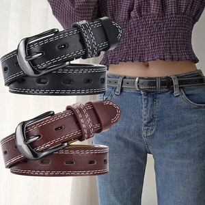 Women Fashion Faux Leather Belt With Double Stitching Alloy Pin Buckle Casual Versatile Hollow Waistband For Jeans Dress