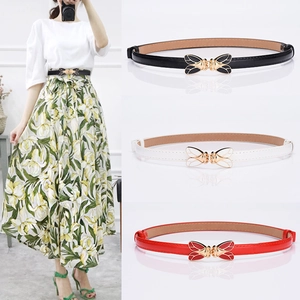 Women thin leather belt with gold butterfly buckle in black, white, and red colors