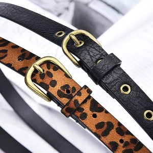 Slim leopard print and black leather belts for women with vintage golden buckles