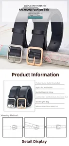 Detail showing dimension table for black leather belt with gold and silver alloy buckles
