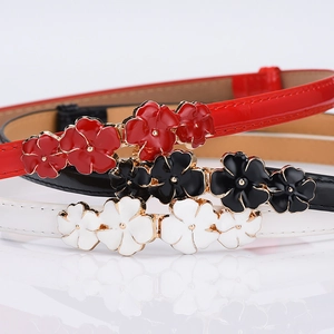 Women Elegant Skinny Belt With Flower Enamel Buckle Patent Artificial Leather Waistband For Dresses Versatile Adjustable Belt
