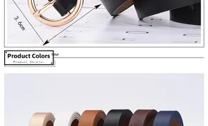 Détail de la ceinture en cuir de 3,6 cm avec boucle ronde dorée en six coloris variés