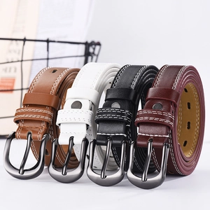Set of four stylish leather belts with double white contrast stitching and round metal buckles