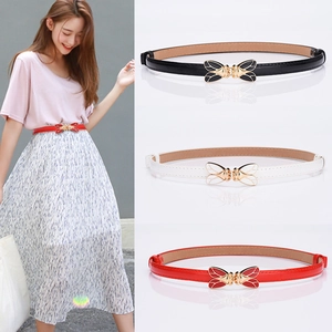 Women thin waist belt with gold butterfly buckle in black, white, and red options