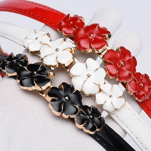 Three-piece skinny patent leather belts for women with floral enamel buckles in red white black