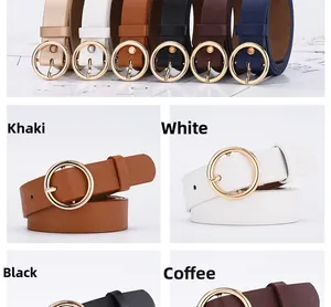 Vues détaillées de diverses ceintures en cuir PU avec boucles rondes en métal doré poli