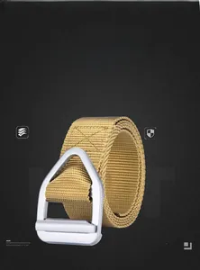 Detail of khaki nylon tactical belt featuring a matte silver triangular alloy buckle