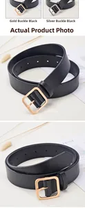 Close-up of classic black leather belt featuring a polished square metal buckle design