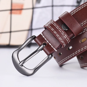 Deep reddish-brown leather belt for women with white double stitching and metallic buckle