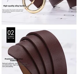 Détails de la ceinture en cuir PU marron foncé avec une boucle ronde en alliage doré