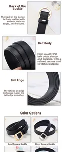 Detail of premium PU leather belt with square metal buckle and fine edge stitching
