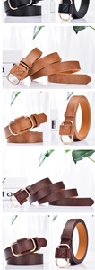 Detail of minimalist women's belts with golden double D-ring buckles and cross-stitch decor