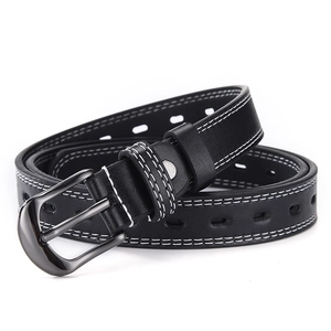 Black leather belt for women featuring double white stitching and gunmetal alloy buckle