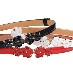 Elegant glossy patent leather belts for women with gold plum blossom enamel buckles