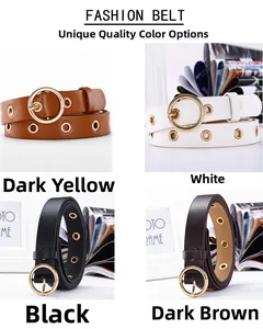 Vue détaillée des ceintures à œillets en jaune, blanc, noir et marron foncé en grille