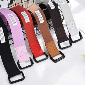 Unisex Fashion Canvas Webbing Belt Alloy Double D-ring Buckle Solid Color Adjustable Waist Strap With Decorative Label