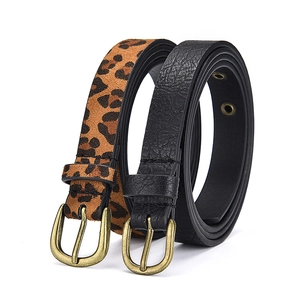 Slim leopard print and black leather waist belts for women with vintage metal buckle