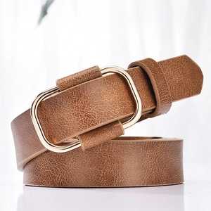 Classic dark brown women's faux leather belt with minimalist golden rectangular buckle