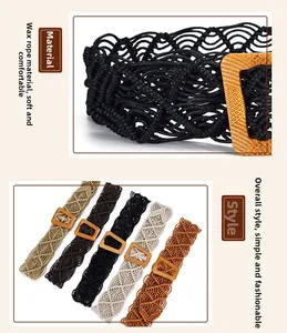 Detail of hand-woven wax rope waist belts featuring wooden square buckles in five colors