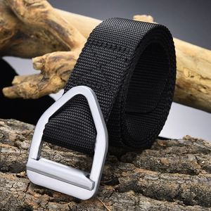 Tactical nylon outdoor belt with silver metal triangle buckle on natural wood background