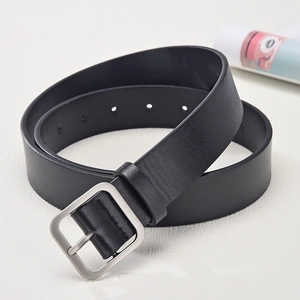 Classic black leather belt with matte silver square buckle for jeans and trousers
