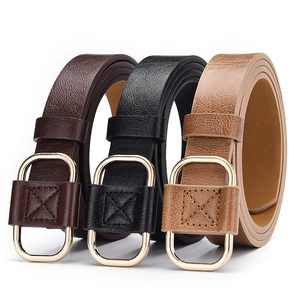 Three minimalist women's leather belts in black, brown and khaki with gold oval buckles