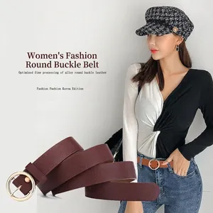 Ceinture femme en cuir avec boucle ronde en alliage, coloris marron rouge et brun clair