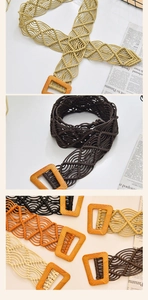 Close-up of bohemian woven wax rope belts with vintage rectangular buckles in various colors