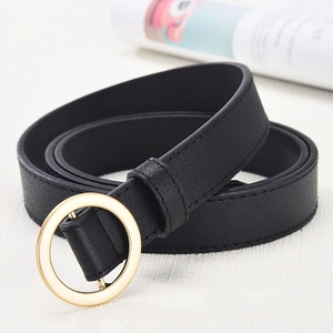 Minimalist black leather belt for women with elegant golden round metal buckle accent