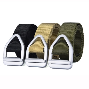 Three nylon tactical belts in black, khaki and green with metal triangle buckles