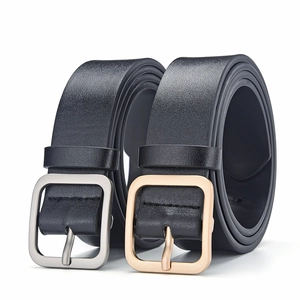 Minimalist black leather belt for women featuring classic square metal buckles in gold and silver