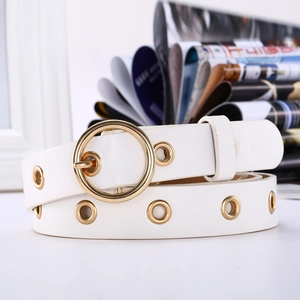Ceinture blanche en cuir pour femme avec boucle ronde dorée et œillets métalliques