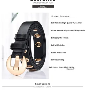 Spécifications détaillées de la ceinture en cuir PU noir avec boucle dorée et taille