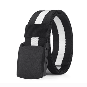 Men's canvas belt with black and white stripes and a matte plastic buckle for outdoor use