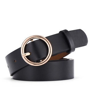 Ceinture classique en cuir noir pour femme avec élégante boucle ronde dorée
