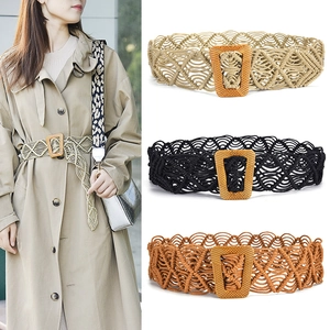 Bohemian Wax Rope Woven Waist Belt For Women Vintage Wide Corset Belt With Wood Grain Buckle Casual Dress Accessory