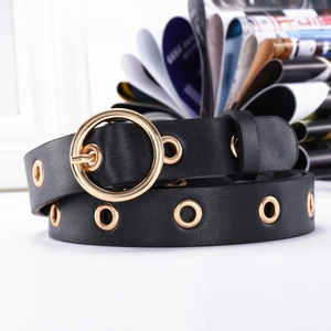 Ceinture chic en cuir noir pour femme avec œillets métalliques dorés et boucle ronde