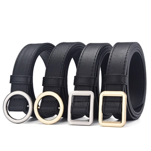 Minimalist black leather belts for women with round and square metal buckles in gold and silver