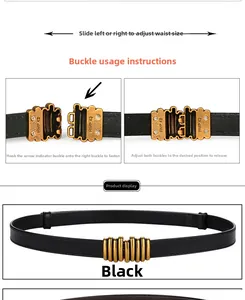 Detail of thin black leather belt featuring adjustable gold buckle and HMP 42 engraving