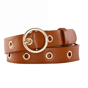 Ceinture pour femme en similicuir marron avec boucle dorée ronde et œillets métalliques