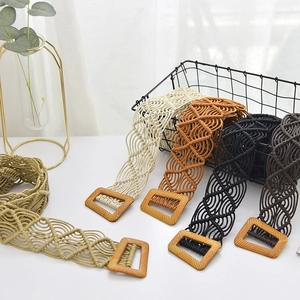 Vintage bohemian braided wide belt with square buckle in multiple natural colors