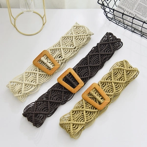 Bohemian braided waist belt with square wooden buckle in khaki, coffee, and beige colors