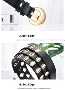 Détail de la ceinture en cuir PU noir avec boucle dorée et œillets antirouille