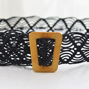 Bohemian wide woven waist belt in black cord with decorative vintage square buckle