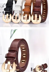 Détail de ceinture fine en similicuir avec boucle ronde dorée et œillets métalliques